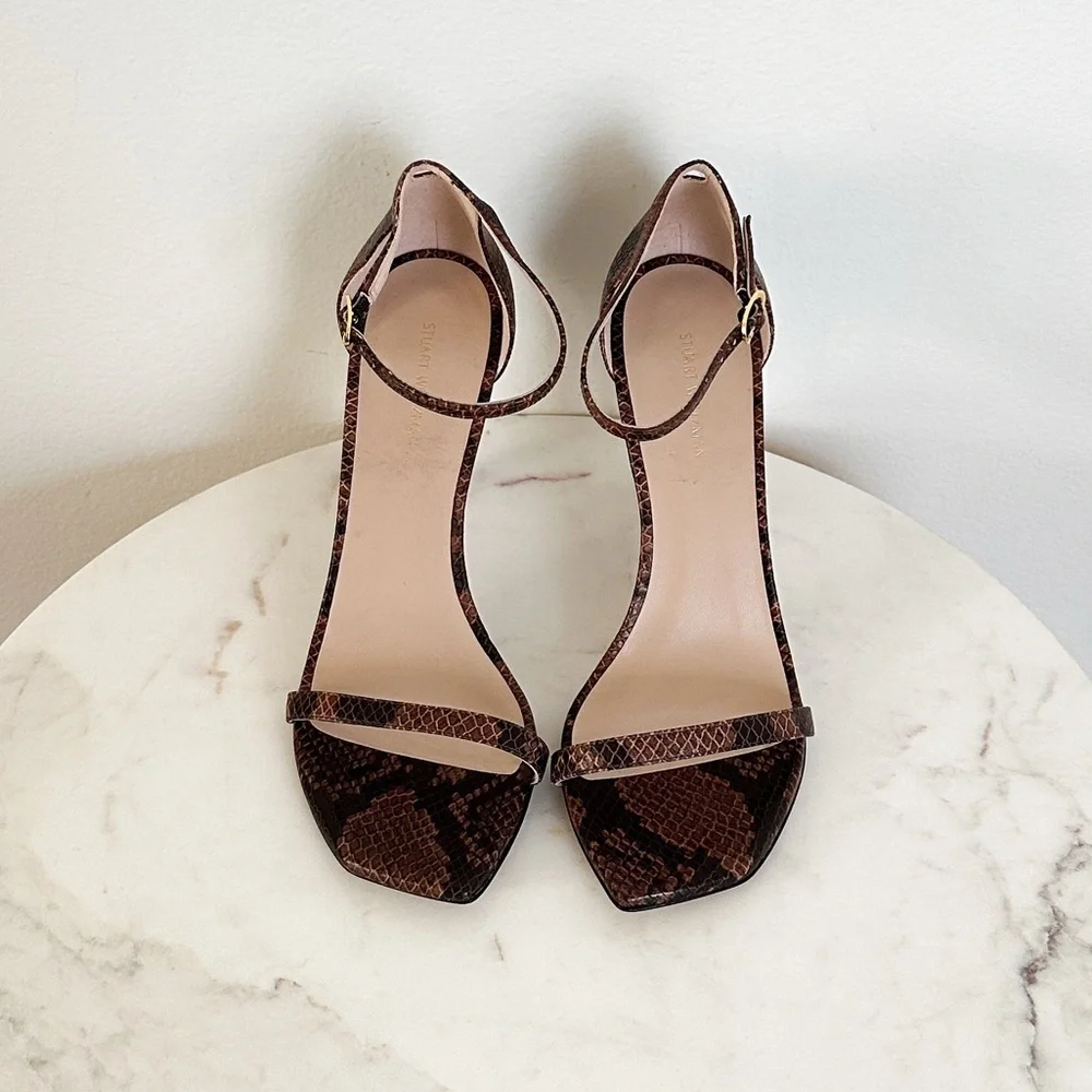 NEW Stuart Weitzman Amelina 95 Snake Embossed Sandals Nudist Brown Size 8.5